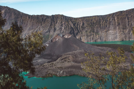 Majestic lake and volcanic mountain in lombok island of indonesia
